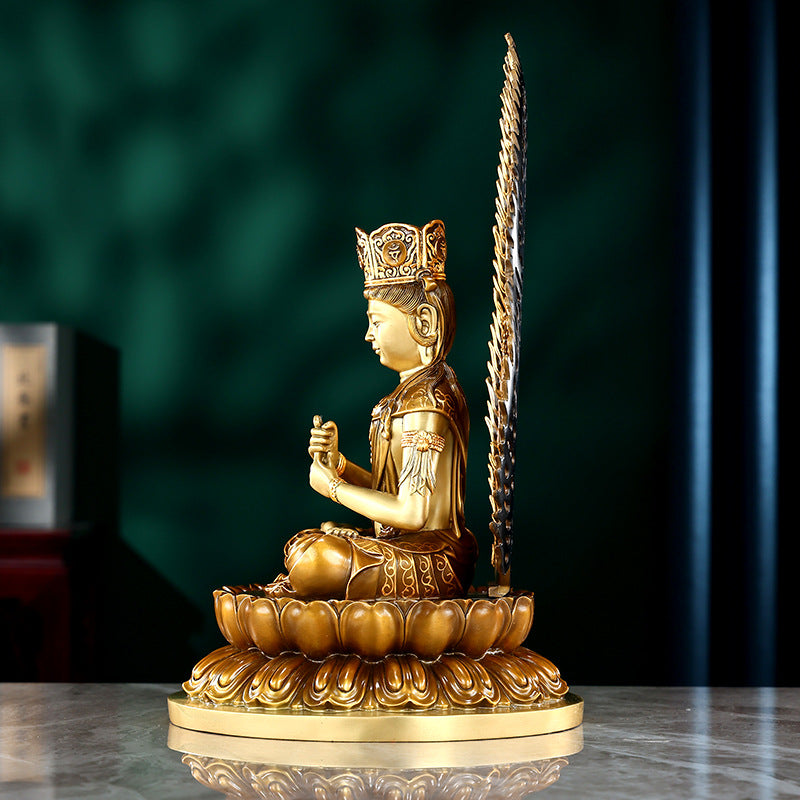Mahavairocana copper Buddha statue side view showing lotus throne and ornate halo