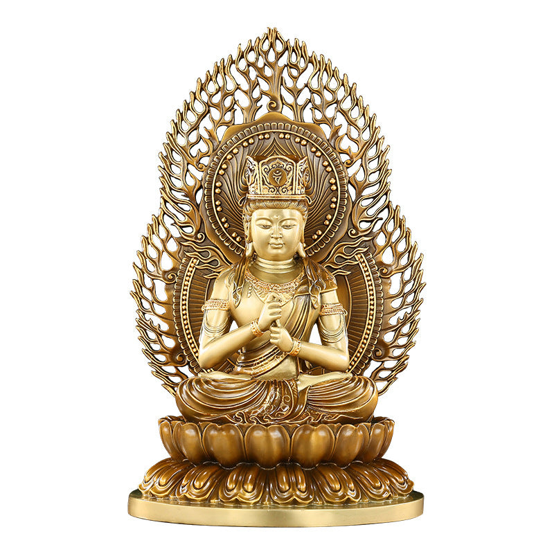 Mahavairocana Buddha seated on lotus throne with flame halo in antique tea-gold copper finish
