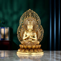 Mahavairocana Dainichi Nyorai copper Buddha statue with ornate flame halo in antique tea-gold finish