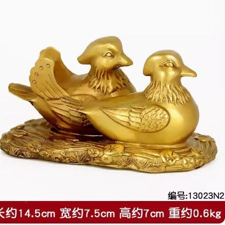 Mandarin ducks on decorative water base in antique gold copper-tone finish