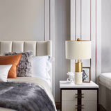 Natural Marble & Brass Column Table Lamp – 66cm White, Grey or Black Stone with Fabric Drum Shade