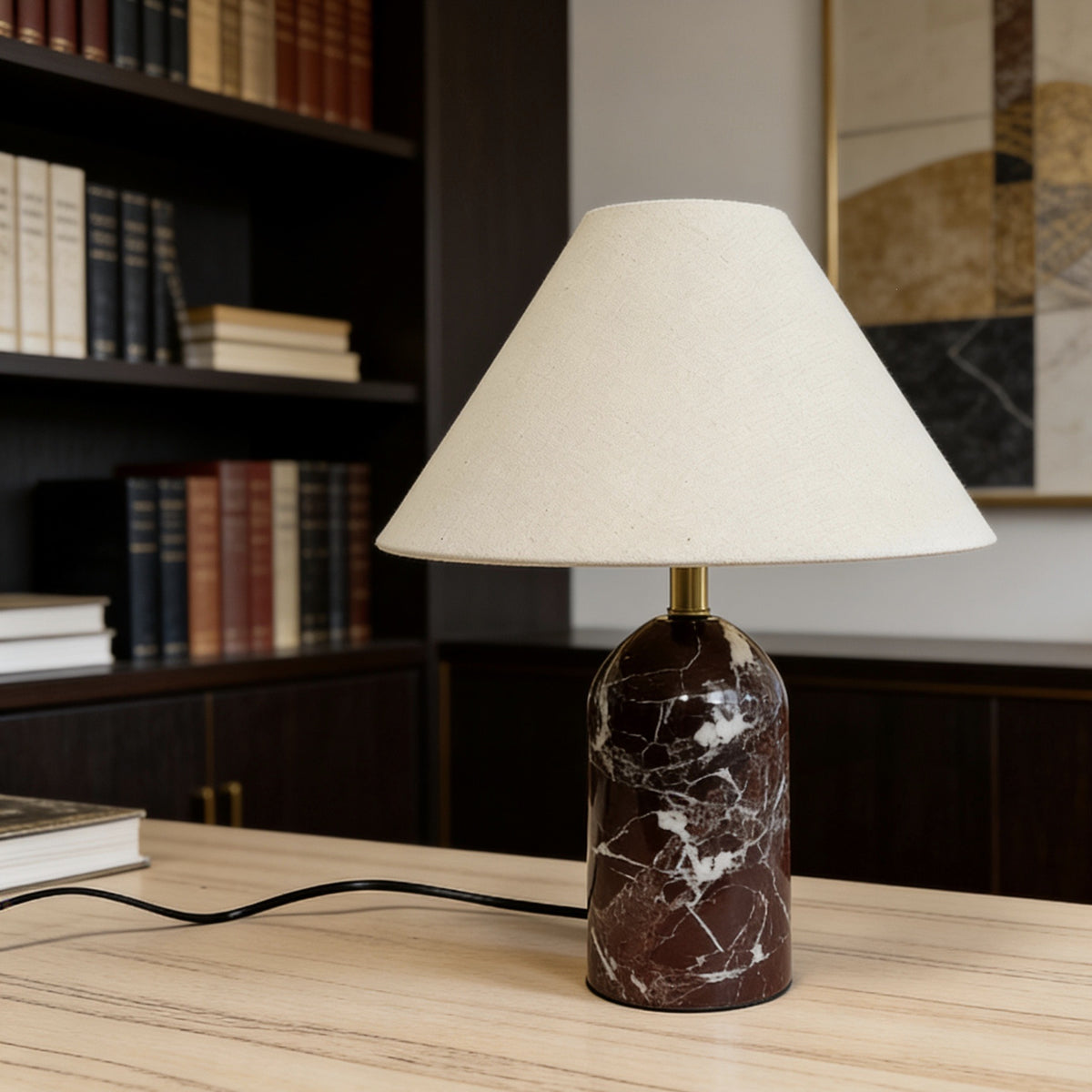 Luxury red marble table lamp in home office library