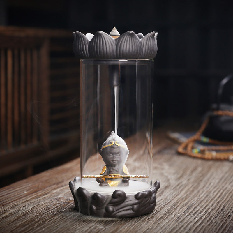 Monkey King purple clay backflow incense burner inside clear acrylic cylinder with lotus crown
