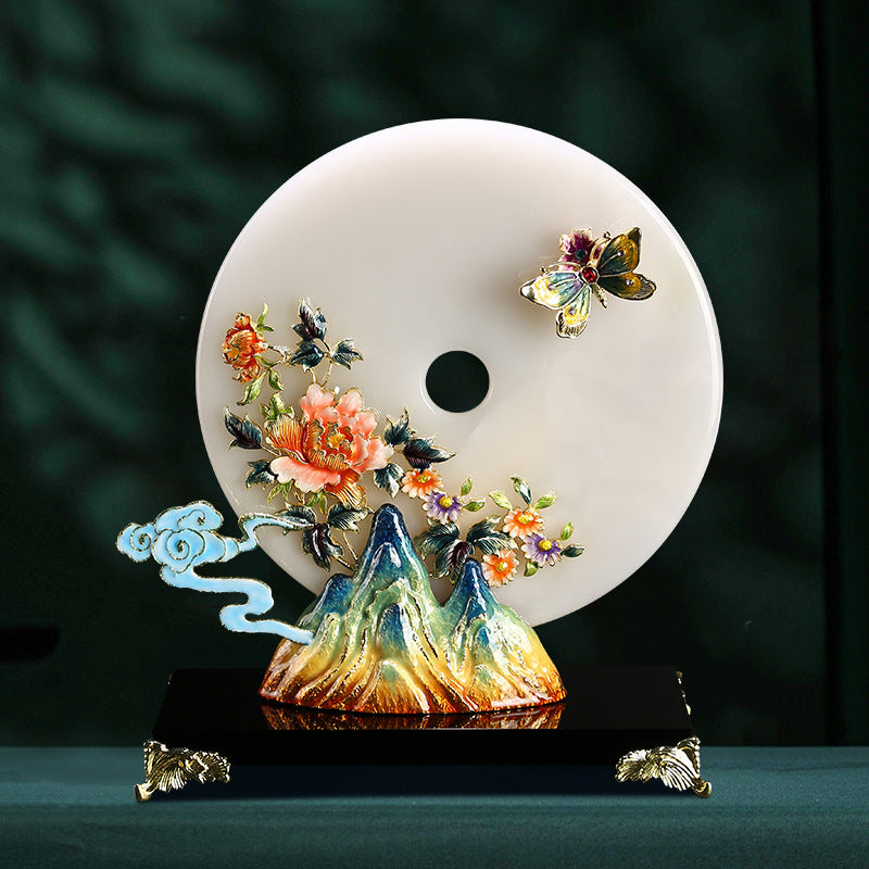 White jade-look bi disc with peony flowers mountain and butterfly
