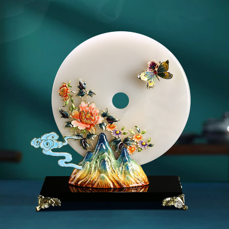 Peony mountain jade disc New Chinese sculpture
