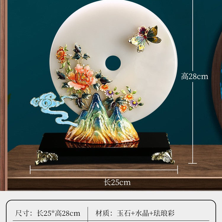 Butterfly peony round jade-look ornament