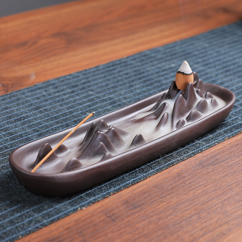Mountain valley ceramic backflow incense tray with cascading smoke channel