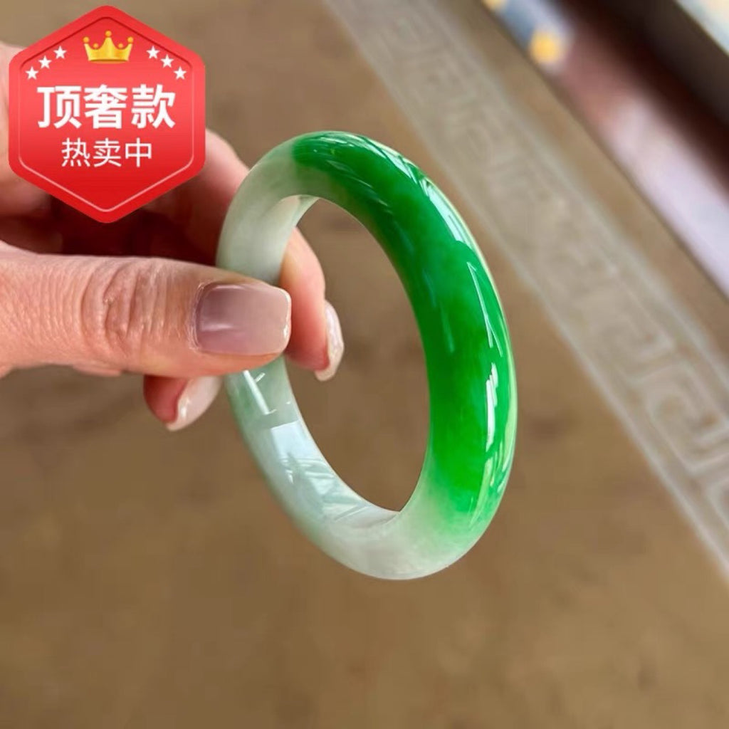 Natural Burmese jadeite bangle vivid green white color transition