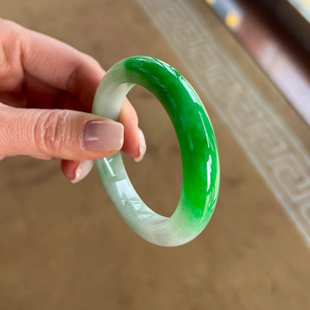 Myanmar jadeite bangle half mountain water green white pattern