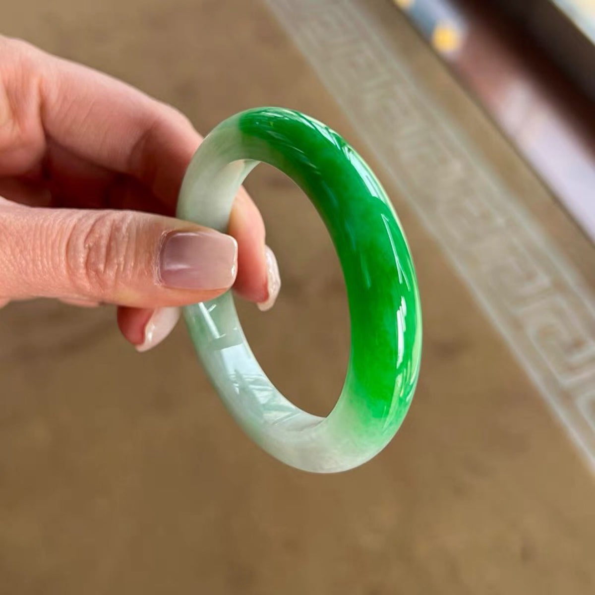 Myanmar jadeite bangle half mountain water green white pattern