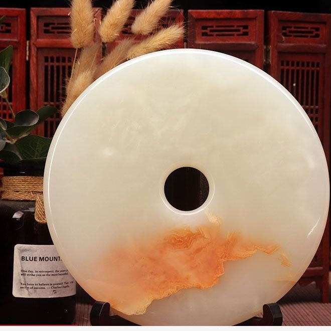 Pattern 01 Sunset Cloud natural stone Chinese peace buckle bi-disc ornament 20 cm with wood display stand