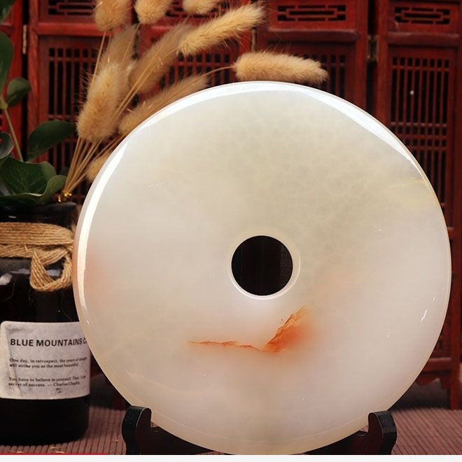 Pattern 02 Amber Wisp natural stone Chinese peace buckle bi-disc ornament 20 cm with wood display stand