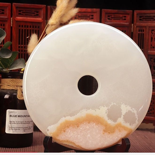 Pattern 03 Crystal Geode natural stone Chinese peace buckle bi-disc ornament 20 cm with wood display stand