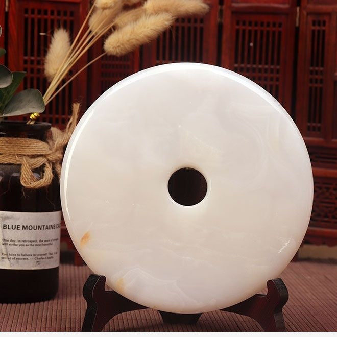 Pattern 04 Snow Mist natural stone Chinese peace buckle bi-disc ornament 16 cm with wood display stand