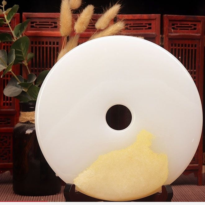 Pattern 06 Golden Sand natural stone Chinese peace buckle bi-disc ornament 20 cm with wood display stand