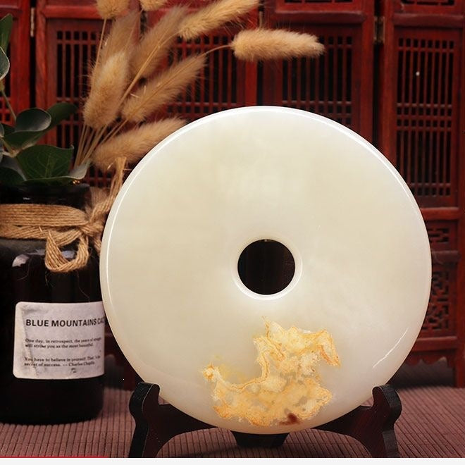 Pattern 07 Ivory Blossom natural stone Chinese peace buckle bi-disc ornament 16 cm with wood display stand
