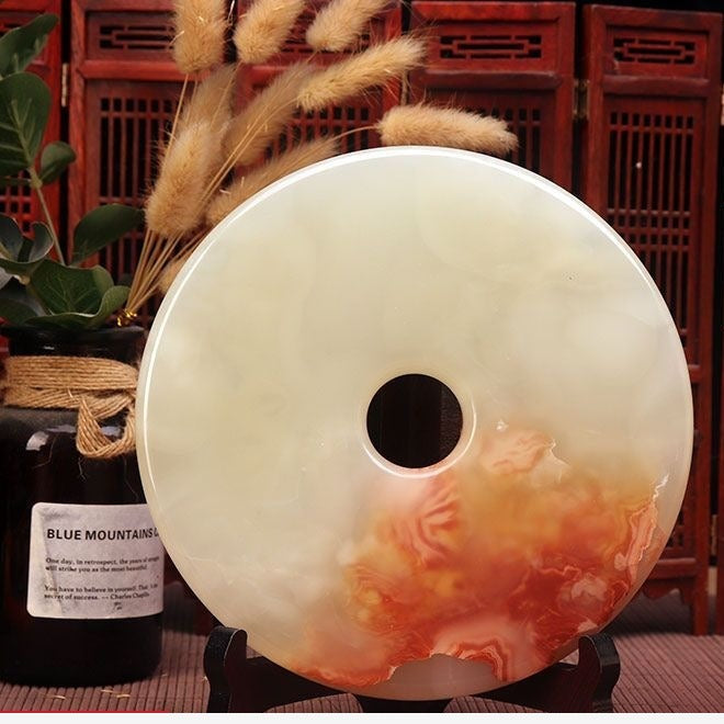 Pattern 08 Red Mountain natural stone Chinese peace buckle bi-disc ornament 18 cm with wood display stand