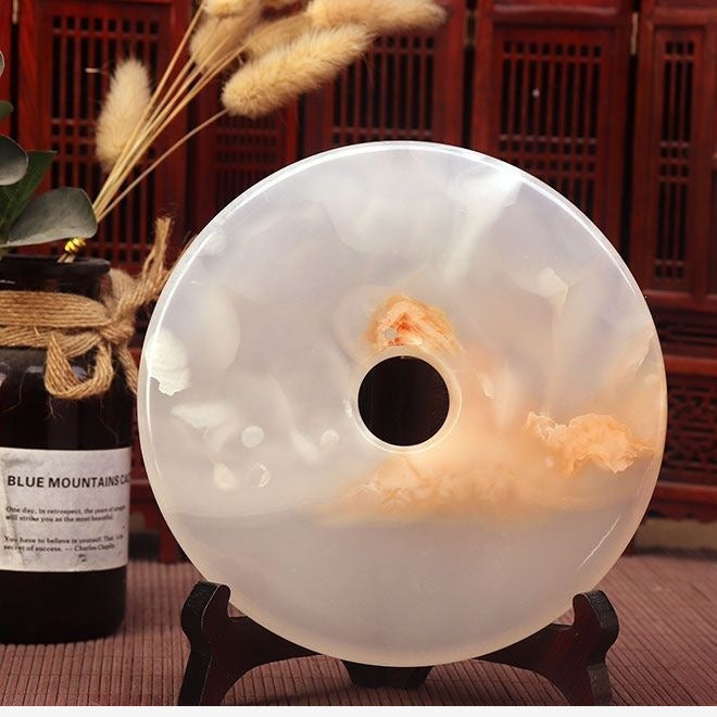 Pattern 10 Peach Mist natural stone Chinese peace buckle bi-disc ornament 16 cm with wood display stand