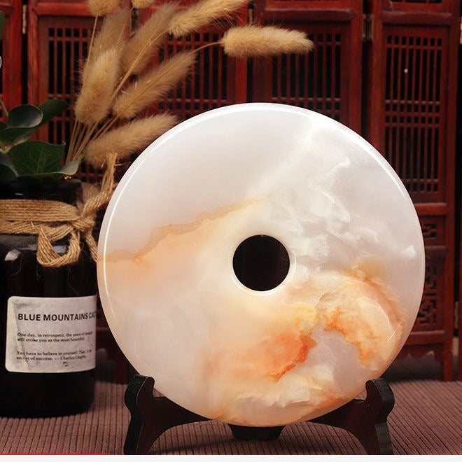 Pattern 11 Amber Bloom natural stone Chinese peace buckle bi-disc ornament 16 cm with wood display stand