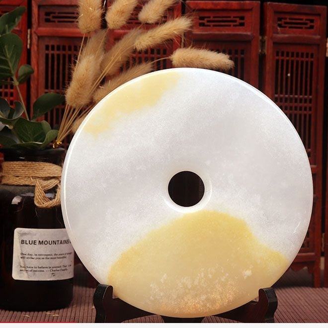 Pattern 12 Golden Dune natural stone Chinese peace buckle bi-disc ornament 18 cm with wood display stand