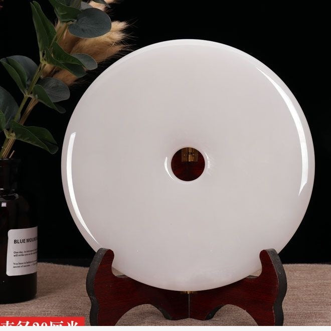 Pattern 13 Pure White natural stone Chinese peace buckle bi-disc ornament 20 cm with wood display stand