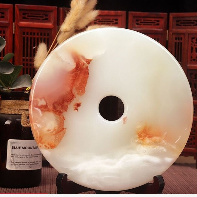 Pattern 14 Peach Canyon natural stone Chinese peace buckle bi-disc ornament 20 cm with wood display stand