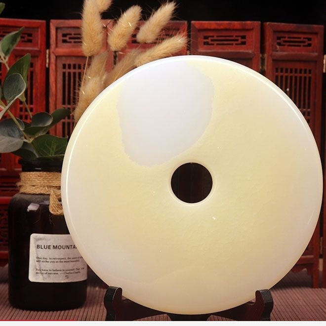 Pattern 15 Cream Halo natural stone Chinese peace buckle bi-disc ornament 20 cm with wood display stand