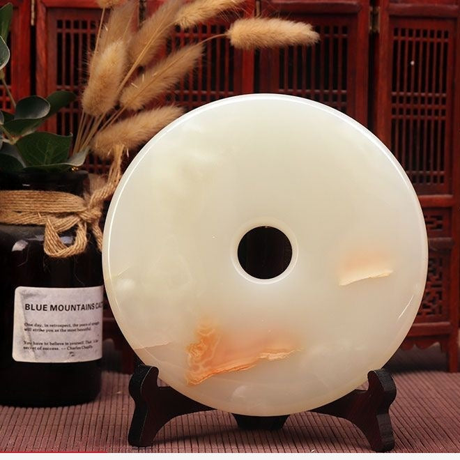 Pattern 16 Peach Wisp natural stone Chinese peace buckle bi-disc ornament 16 cm with wood display stand