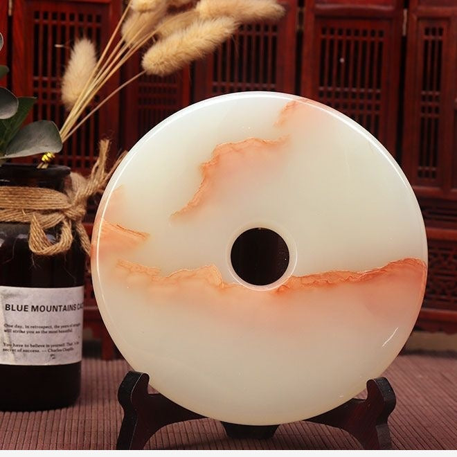 Pattern 17 Red Horizon natural stone Chinese peace buckle bi-disc ornament 16 cm with wood display stand
