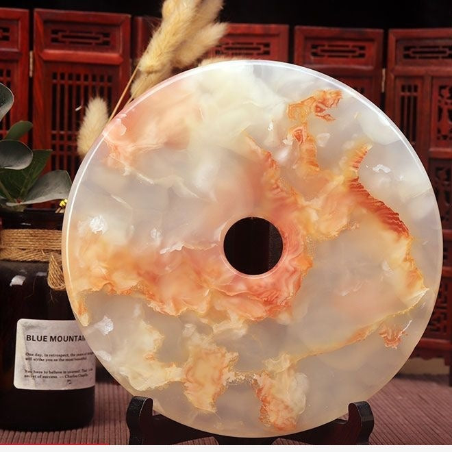 Pattern 18 Fire Cloud natural stone Chinese peace buckle bi-disc ornament 20 cm with wood display stand