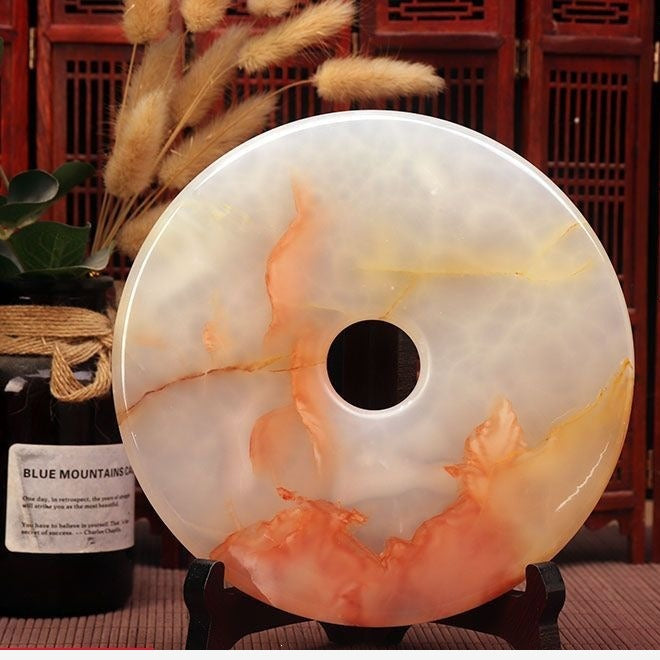 Pattern 19 Coral River natural stone Chinese peace buckle bi-disc ornament 18 cm with wood display stand