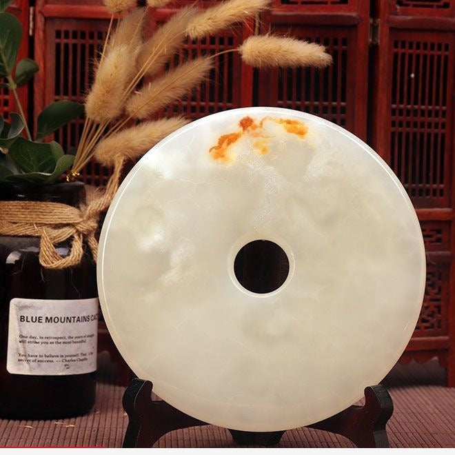 Pattern 20 Ivory Blossom II natural stone Chinese peace buckle bi-disc ornament 16 cm with wood display stand