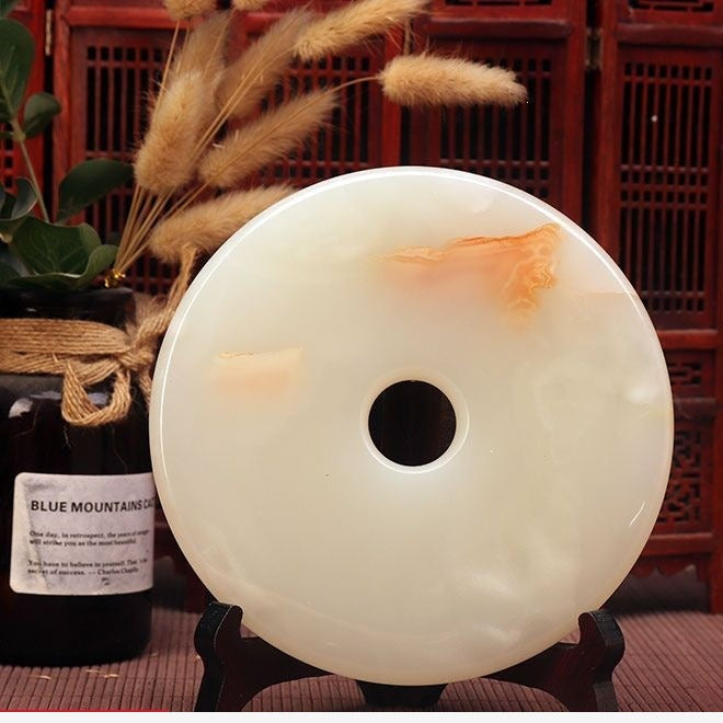 Pattern 21 Peach Speck natural stone Chinese peace buckle bi-disc ornament 16 cm with wood display stand