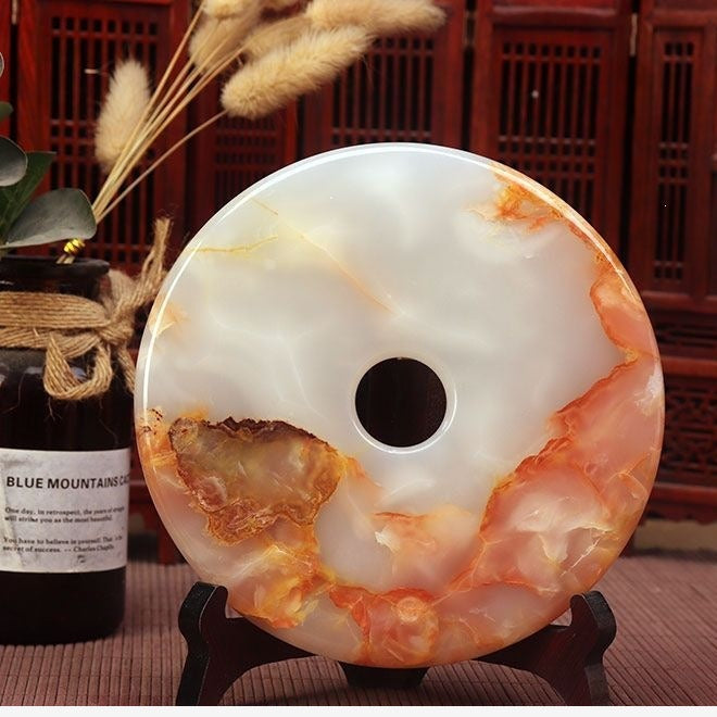 Pattern 22 Red Cloud natural stone Chinese peace buckle bi-disc ornament 16 cm with wood display stand