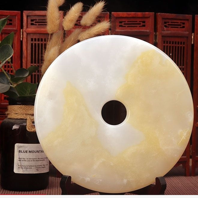 Pattern 23 Golden Mist natural stone Chinese peace buckle bi-disc ornament 20 cm with wood display stand