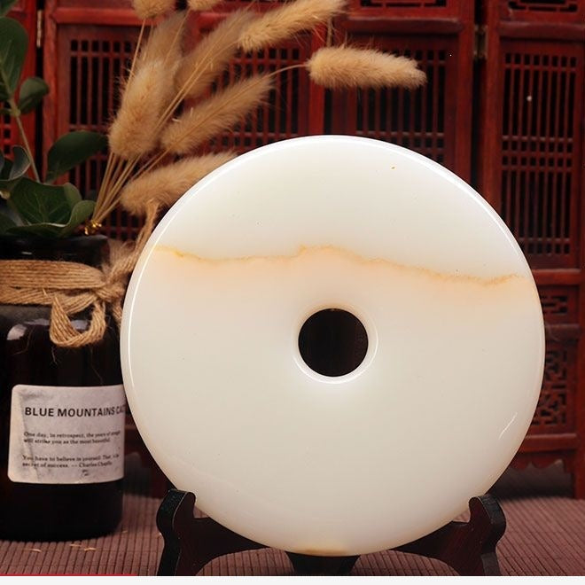 Pattern 24 Fine Red Line natural stone Chinese peace buckle bi-disc ornament 16 cm with wood display stand