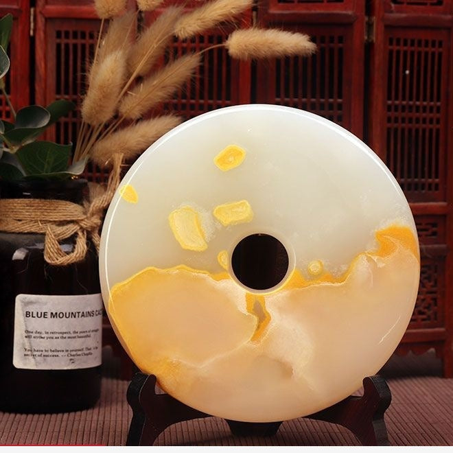 Pattern 25 Golden Patch natural stone Chinese peace buckle bi-disc ornament 16 cm with wood display stand