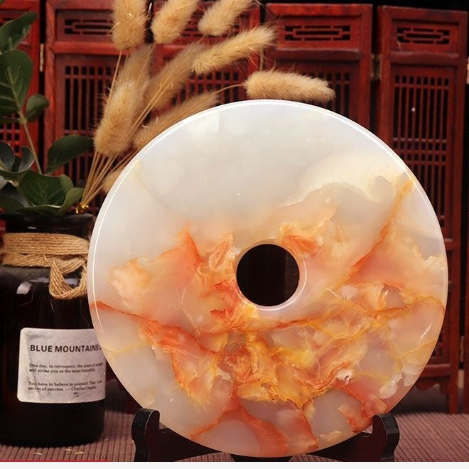 Pattern 26 Fiery Bloom natural stone Chinese peace buckle bi-disc ornament 18 cm with wood display stand