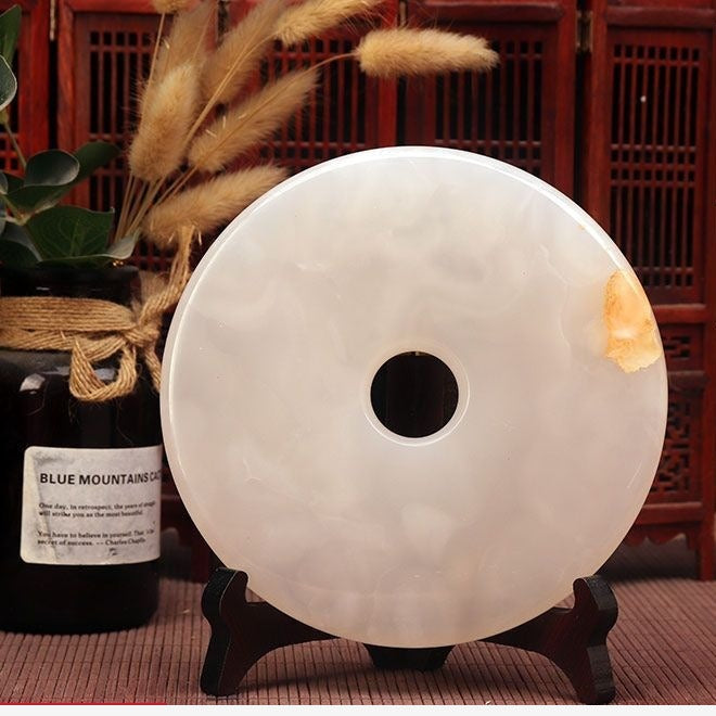 Pattern 27 Soft Amber Cloud natural stone Chinese peace buckle bi-disc ornament 16 cm with wood display stand