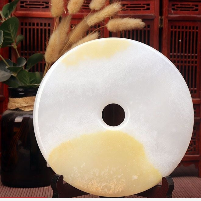Pattern 28 Golden Dune II natural stone Chinese peace buckle bi-disc ornament 18 cm with wood display stand
