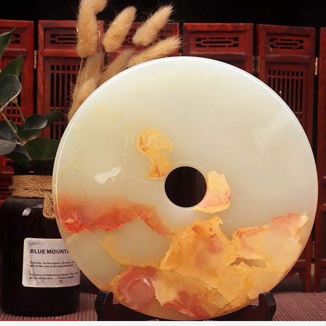 Pattern 29 Amber Mountain natural stone Chinese peace buckle bi-disc ornament 20 cm with wood display stand