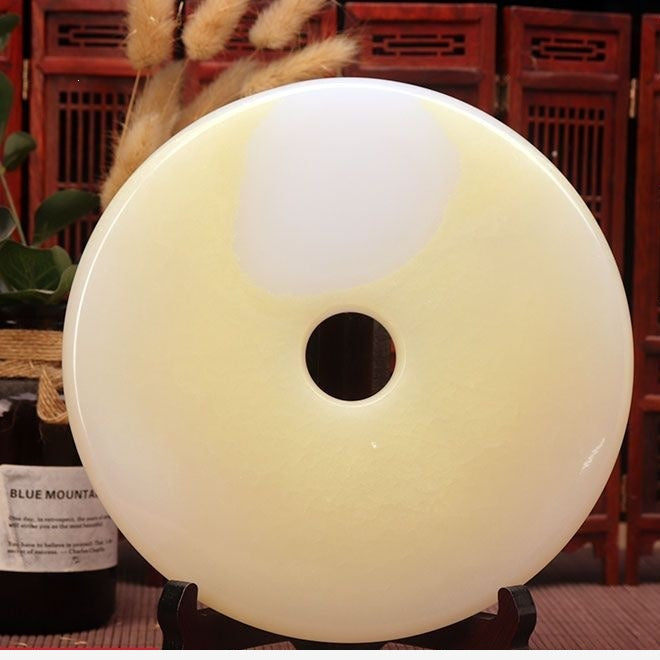 Pattern 30 Moon Halo natural stone Chinese peace buckle bi-disc ornament 20 cm with wood display stand