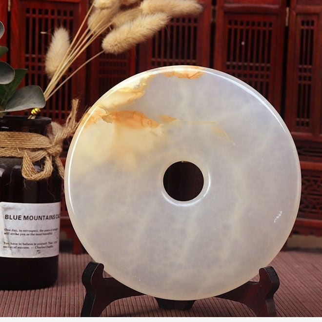 Pattern 31 Silver Amber natural stone Chinese peace buckle bi-disc ornament 16 cm with wood display stand
