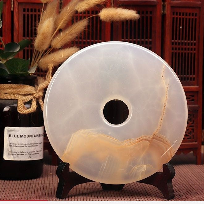Pattern 32 Champagne Vein natural stone Chinese peace buckle bi-disc ornament 16 cm with wood display stand