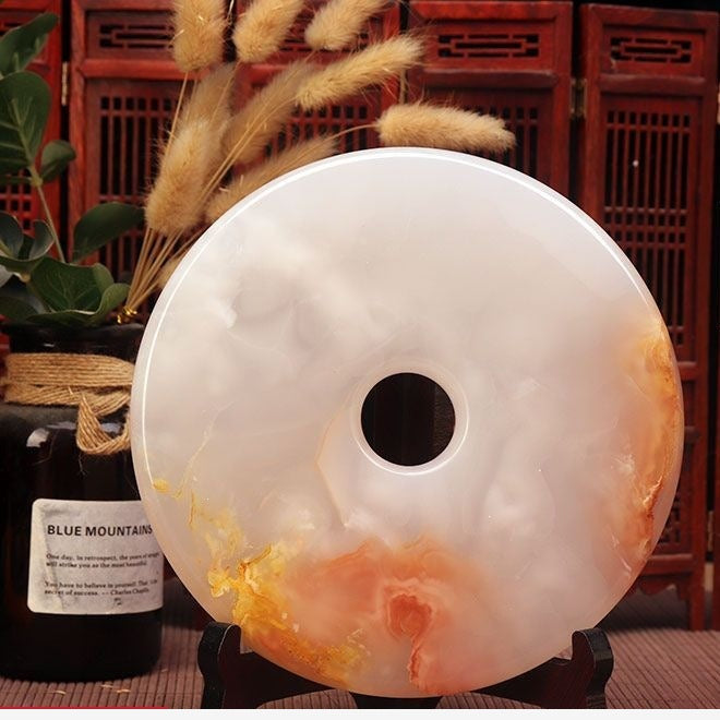 Pattern 33 Peach Cloud natural stone Chinese peace buckle bi-disc ornament 18 cm with wood display stand
