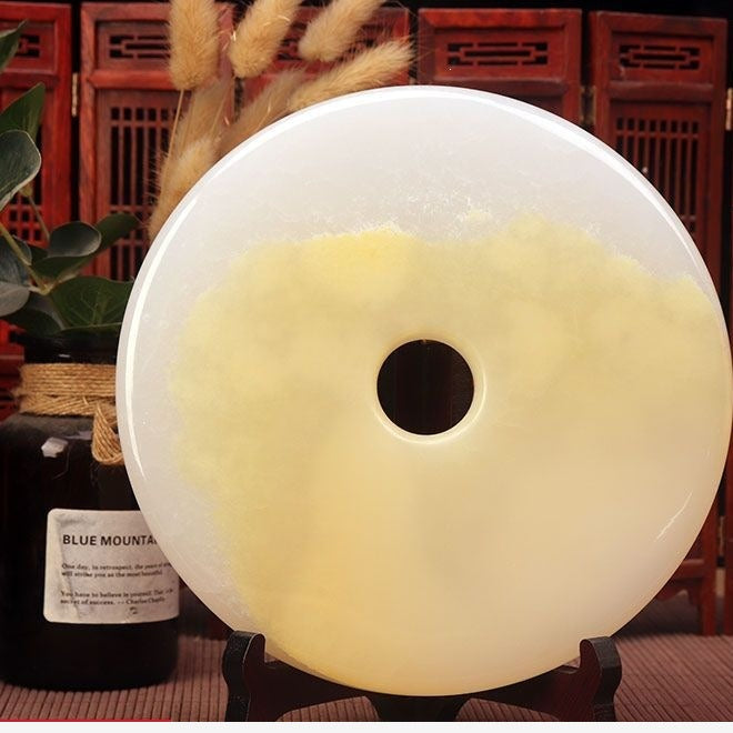 Pattern 34 Golden Mist II natural stone Chinese peace buckle bi-disc ornament 20 cm with wood display stand