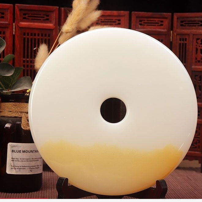 Pattern 35 Golden Horizon natural stone Chinese peace buckle bi-disc ornament 20 cm with wood display stand