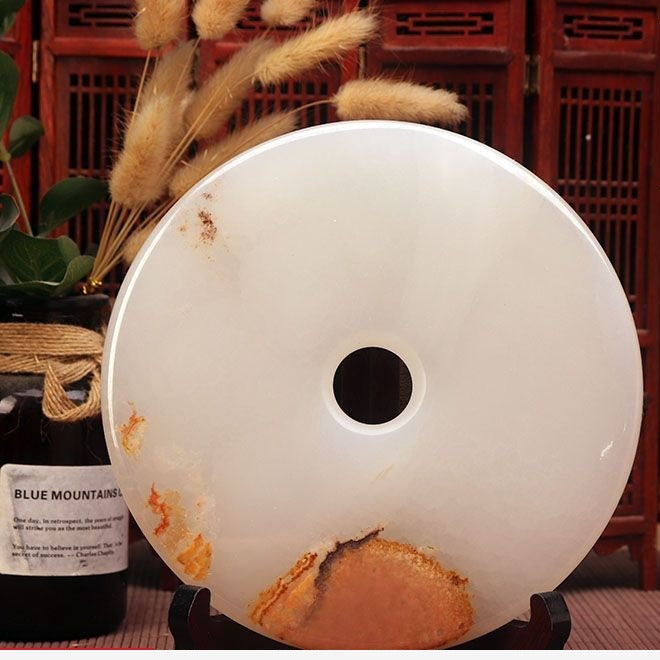 Pattern 37 Copper Geode natural stone Chinese peace buckle bi-disc ornament 18 cm with wood display stand