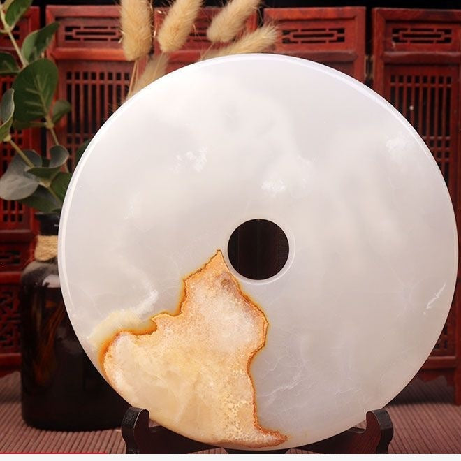 Pattern 38 Honey Geode natural stone Chinese peace buckle bi-disc ornament 20 cm with wood display stand