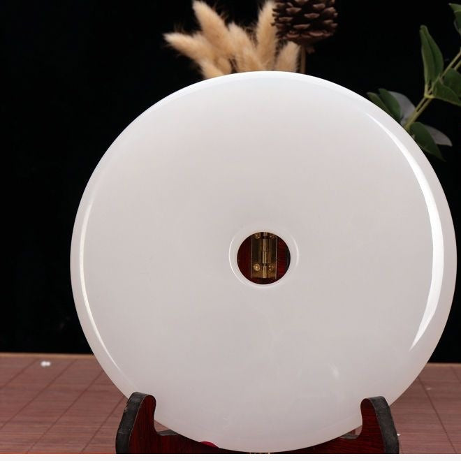 Pattern 39 Pure White II natural stone Chinese peace buckle bi-disc ornament 18 cm with wood display stand